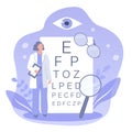 Vector illustration on the theme of ophthalmology - doctor, chart for checking vision Snellen chart, eyes and glasses